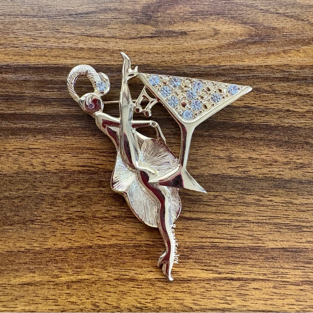 Vintage M. Jent Brooch Dancing Girl With Martini Glass Gold With Rhinestones